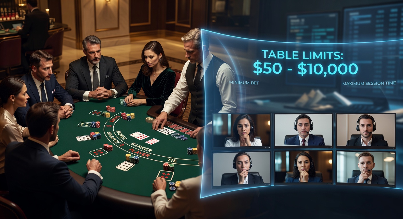 Darstellung eines Live-Baccarat-Tisches mit angezeigten Mindest- und Maximalwetten, die die Spielerdynamik illustrieren