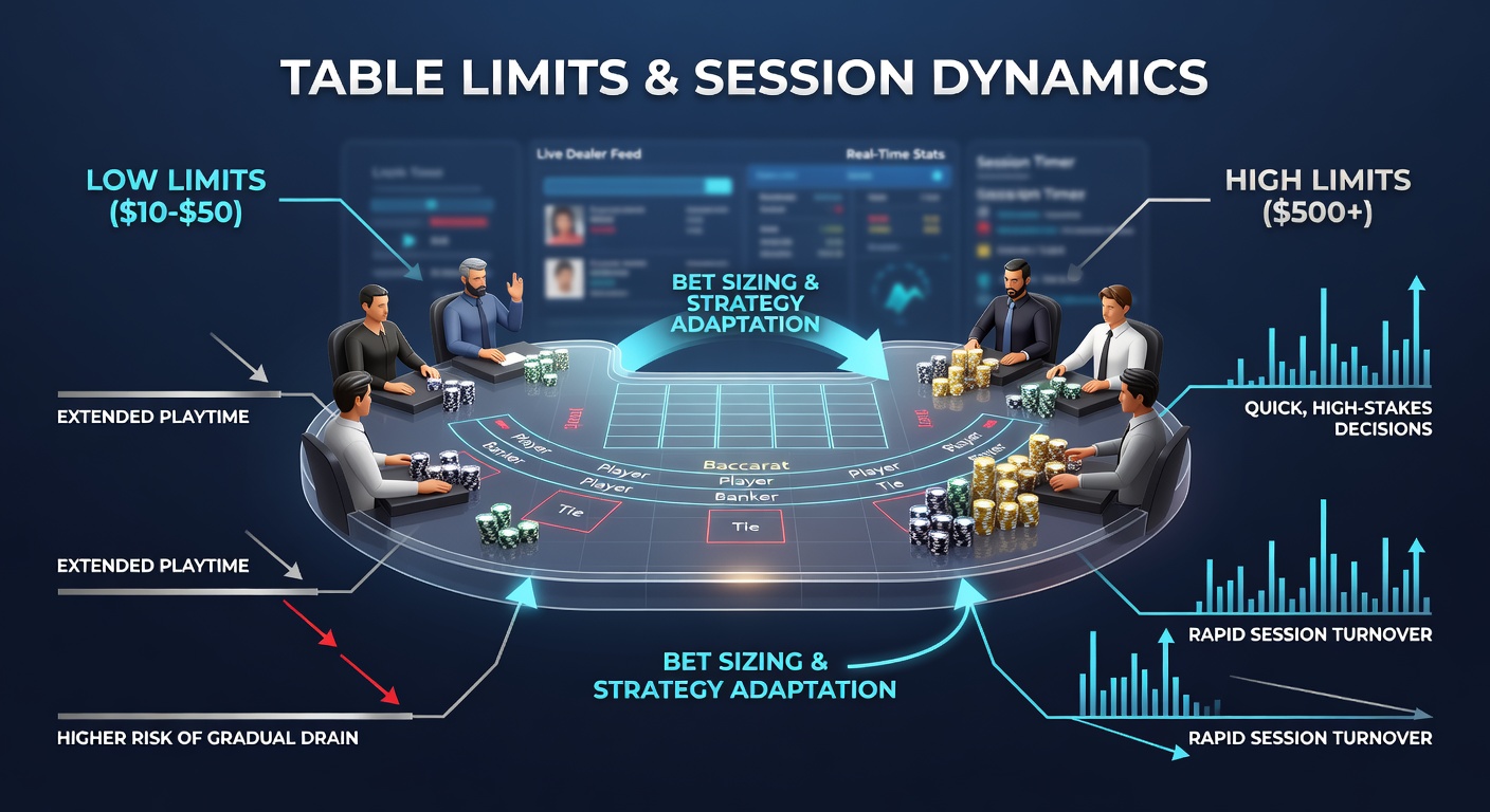 Vergleichstabelle von Baccarat-Tischlimits bei verschiedenen Providern, die Session-Strategien visualisiert